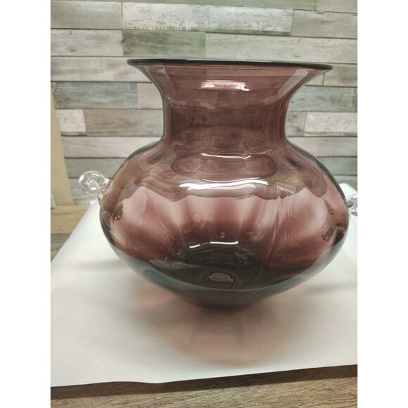 Vintage Blenko Glass 9726 Squatty Optic Vase Scroll Handles Amethyst Label  READ - Picture 6 of 14